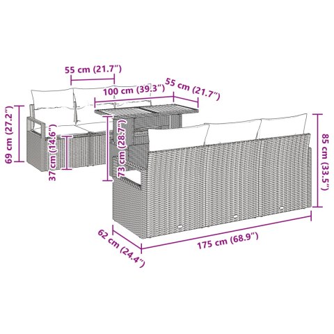 7-CZĘŚCIOWY ZESTAW SOF OGRODOWYCH Z PODUSZKAMI SZARY POLY RATTAN AKACJA SOFA DWUOSOBOWA Z PODUSZKAMI SZARY POLY R