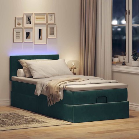 ŁÓŻKO OTOMANA Z MATERACEM I LED CIEMNOZIELONY 90X200CM AKSAMIT