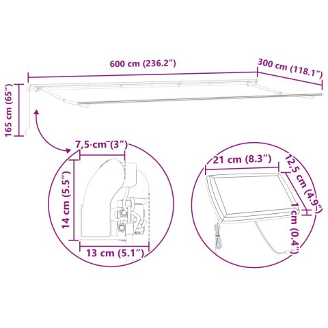RĘCZNA ZWIJANA MARKIZA Z LED W ŻÓŁTYM I POMARAŃCZOWYM 600X300CM