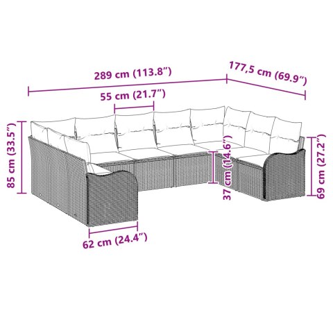 9-CZĘŚCIOWY ZESTAW SOF OGRODOWYCH Z PODUSZKAMI SZARY POLI RATTAN 2-OSOBOWA SOFA OGRODOWA Z PRZECHOWALNIĄ I PODUSZ
