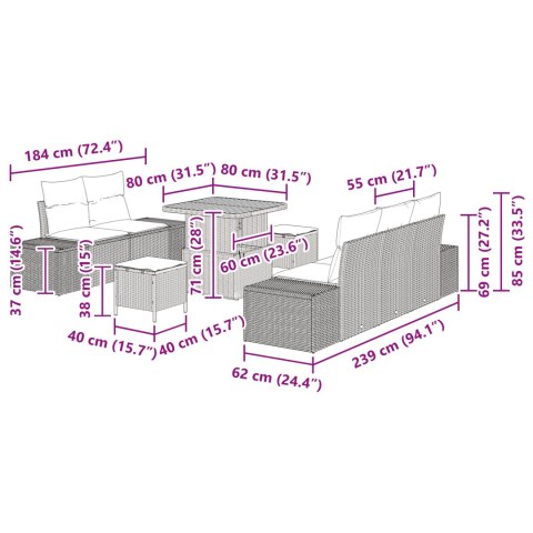 8-CZĘŚCIOWA SOFA OGRODOWA Z PODUSZKAMI CZARNA POLI RATTAN AKACJA SOFA OGRODOWA DLA 2 OSÓB Z PRZECHOWALNIĄ I PODUS