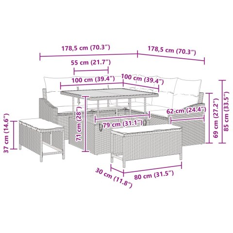8-CZĘŚCIOWY ZESTAW SOF OGRODOWYCH Z PODUSZKAMI CZARNY POLIRATTAN AKACJA SOFA OGRODOWA 2-OSOBOWA Z MIEJSCEM NA PRZECHOWYWANIE I