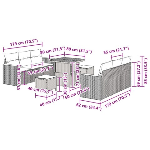 9 CZĘŚCIOWY ZESTAW SOF OGRODOWYCH Z PODUSZKAMI CZARNY POLIRATTAN AKACJA 3 CZĘŚCIOWY ZESTAW JADALNY OGRODOWY Z PODUSZKAMI CZARNY