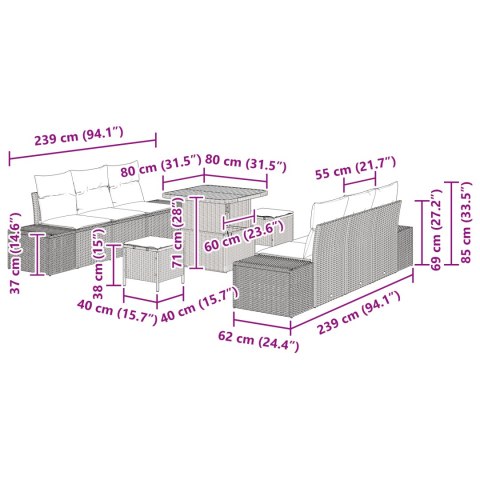 9-CZĘŚCIOWY ZESTAW SOFY OGRODOWEJ Z PODUSZKAMI CZARNY POLIRATTAN AKACJA 2-OSOBOWA SOFA OGRODOWA Z MAGAZYNEM I PODUSZKAMI CZARNY