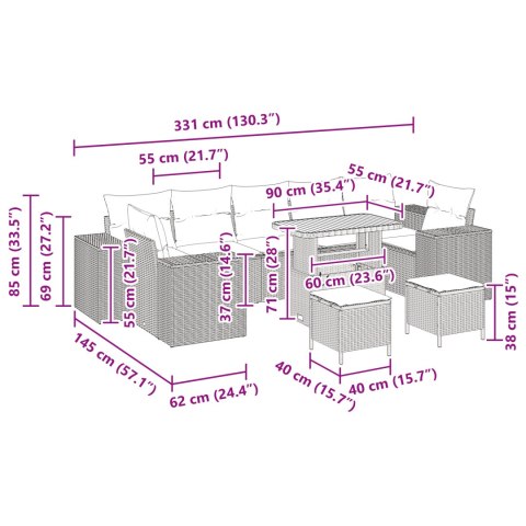 10-CZĘŚCIOWY ZESTAW SOF OGRODOWYCH Z PODUSZKAMI CZARNY POLI RATTAN AKACJA 3-CZĘŚCIOWY ZESTAW DO JADALNI NA ZEWNĄT