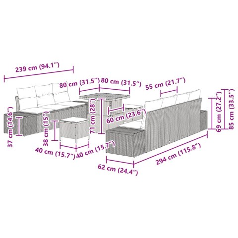 10-CZĘŚCIOWY ZESTAW SOF OGRODOWYCH Z PODUSZKAMI CZARNY POLIRATTAN AKACJA 2-OSOBOWA SOFA OGRODOWA Z PRZECHOWALNIĄ