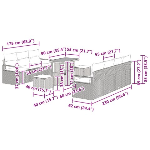 10-CZĘŚCIOWY ZESTAW SOF OGRODOWYCH Z PODUSZKAMI CZARNY POLIRATTAN AKACJOWY 2-OSOBOWA SOFA OGRODOWA Z PODUSZKAMI C
