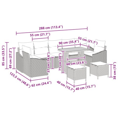 10-CZĘŚCIOWY ZESTAW SOFY OGRODOWEJ Z PODUSZKAMI CZARNY POLIRATTAN AKACJA 2-OSOBOWA SOFA OGRODOWA Z PODUSZKAMI CZA
