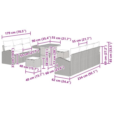10-CZĘŚCIOWY ZESTAW SOFY OGRODOWEJ Z PODUSZKAMI CZARNY POLIRATTAN AKACJA SOFA DWUOSOBOWA Z PODUSZKAMI CZARNY POLI