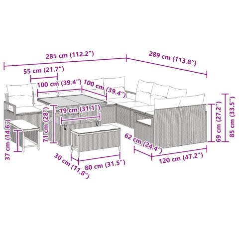 13-CZĘŚCIOWY ZESTAW KANAP OGRODOWYCH Z PODUSZKAMI CZARNY POLIRATTAN AKACJA 2-OSOBOWA KANAPA OGRODOWA Z PODUSZKAMI
