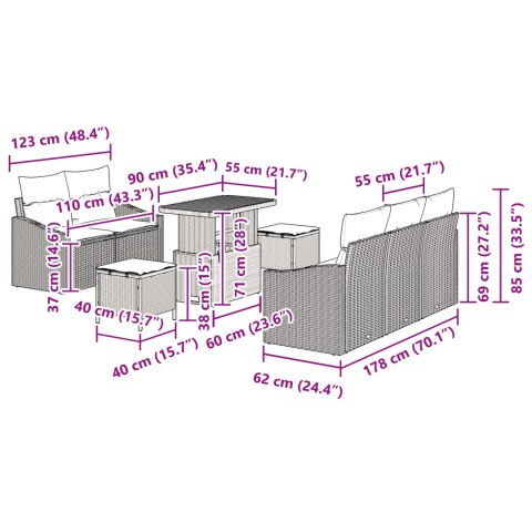 8-CZĘŚCIOWY ZESTAW SOF OGRODOWYCH Z PODUSZKAMI CZARNY POLIRATTAN AKACJA SOFA OGRODOWA 2-OSOBOWA Z PODUSZKAMI CZAR