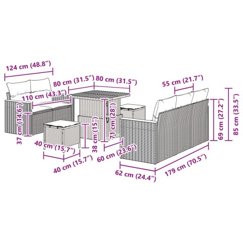 8-CZĘŚCIOWY ZESTAW SOF OGRODOWYCH Z PODUSZKAMI CZARNY POLIRATTAN AKACJA 3-CZĘŚCIOWY ZESTAW JADALNY OGRODOWY Z POD