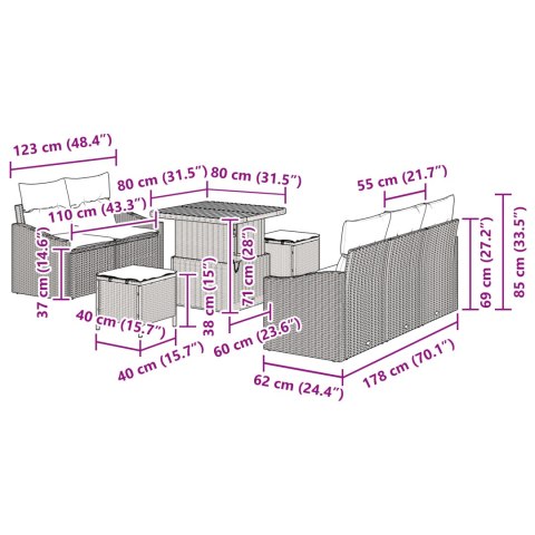 8-CZĘŚCIOWY ZESTAW SOF OGRODOWYCH Z PODUSZKAMI CZARNY POLIRATTAN AKACJA 2-OSOBOWA SOFA OGRODOWA Z PODUSZKAMI CZAR
