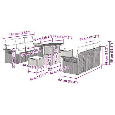 9 CZĘŚCIOWY ZESTAW SOFY OGRODOWEJ Z PODUSZKAMI CZARNY POLI RATTAN AKACJOWY 2-OSOBOWA SOFA OGRODOWA Z PODUSZKAMI C