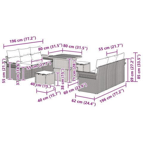 9-ELEMENTOWY ZESTAW SOF OGRODOWYCH Z PODUSZKAMI W CZARNYM POLIRATTANIE Z AKACJĄ DWUOSOBOWA SOFA OGRODOWA Z PODUSZ