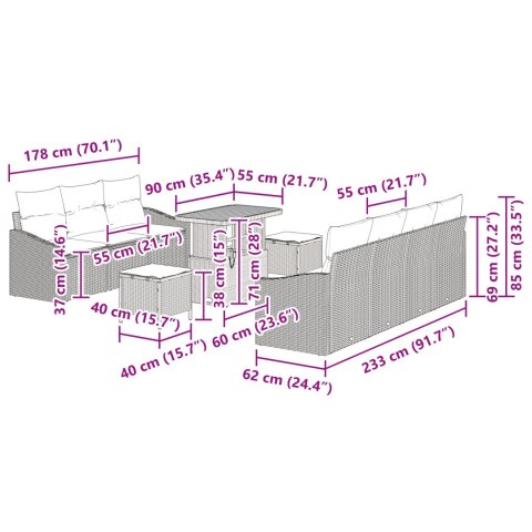 ZESTAW 10-CZĘŚCIOWY SOF OGRODOWYCH Z PODUSZKAMI CZARNY POLIRATTAN AKACJA SOFA DWUOSOBOWA OGRODOWA Z PODUSZKAMI CZ