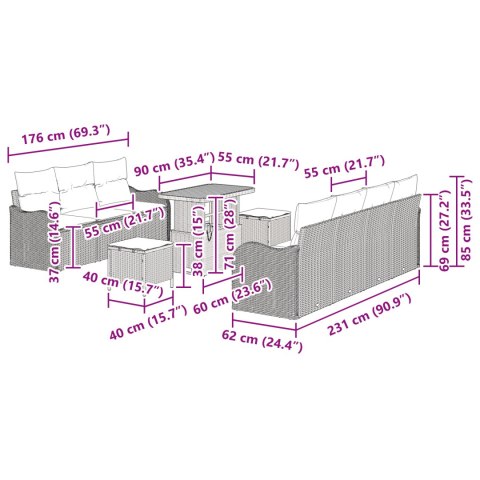 ZESTAW 10-CZĘŚCIOWY SOFA OGRODOWA Z PODUSZKAMI CZARNY POLIRATTAN AKACJA SOFA OGRODOWA 2-OSOBOWA Z PODUSZAMI CZARNY POLIRATTAN