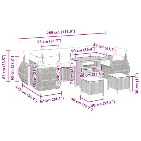 ZESTAW 10-CZĘŚCIOWYCH SOF OGRODOWYCH Z PODUSZKAMI CZARNY POLIRATTAN AKACJA ZESTAW 3-CZĘŚCIOWY DO JADALNI OGRODOWEJ Z PODUSZKAMI