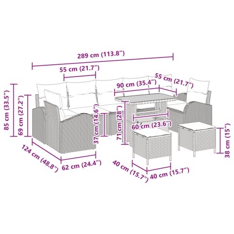 ZESTAW 10-ELEMENTOWY SOF OGRODOWYCH Z PODUSZKAMI CZARNY POLIRATTAN AKACJA 2-OSOBOWA KANAPA OGRODOWA Z PODUSZKAMI CZARNY POLIRAT