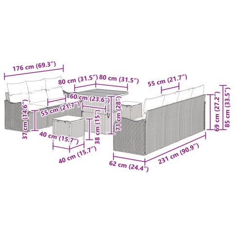 ZESTAW 10-ELEMENTOWY SOFA OGRODOWA Z PODUSZKAMI CZARNY POLIRATTAN AKACJA SOFA DWUOSOBOWA Z PODUSZKAMI CZARNY POLI