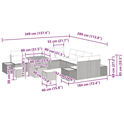ZESTAW 13-ELEMENTOWY SOFY OGRODOWEJ Z PODUSZKAMI CZARNA POLIRATTAN AKACJA ZESTAW 3-ELEMENTOWY STOŁU JADALNEGO OGRODOWEGO Z PODU