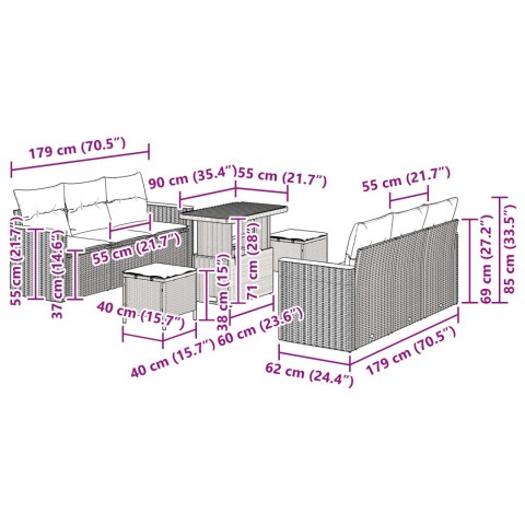 ZESTAW 9-ELEMENTOWY SOF OGRODOWYCH Z PODUSZKAMI BEŻOWY POLIRATTAN AKACJA ZESTAW 3-ELEMENTOWY STOŁU OGRODOWEGO Z PODUSZKAMI BEŻO