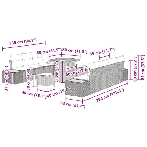 Zestaw sofy ogrodowej vidaXL 10-elementowy z poduszkami Czarny Polirattan, Zestaw do jadalni na zewnątrz vidaXL z poduszkami Cza