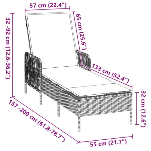 LEŻAK SZARY PE RATTAN 157X 55X 92CM SKŁADANY LEŻAK