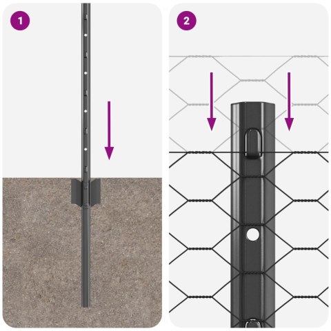 11 SZTUK SŁUPKÓW OGRODOWYCH U-CHANNEL SZARY 60CM STAL SZEŚCIOKĄTNY PŁOT SZARY 0.5X50M STAL
