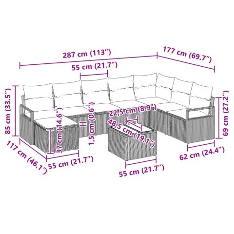 9-CZĘŚCIOWY ZESTAW SOF OGRODOWYCH Z PODUSZKAMI W CZARNYM RATTANIE 2-OSOBOWA SOFA OGRODOWA Z PODUSZKAMI W BEŻOWYM