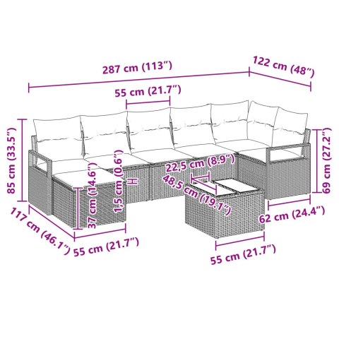 Zestaw ogrodowy vidaXL 8 części z poduszkami szary poli rattan, Zestaw ogrodowy vidaXL 2-osobowy z poduszkami szary poli rattan