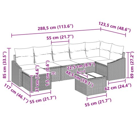 8-CZĘŚCIOWY ZESTAW SOFY OGRODOWEJ Z PODUSZKAMI SZARY POLIRATTAN