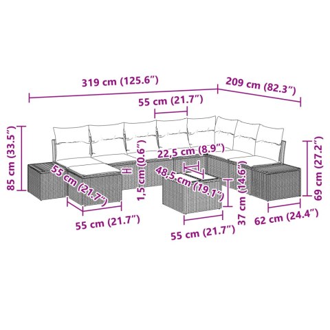 ZESTAW SOFY OGRODOWEJ 9 CZĘŚCI Z PODUSZKAMI SZARY RATTAN