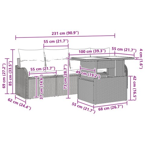 5-CZĘŚCIOWY ZESTAW SOF OGRODOWYCH Z PODUSZKAMI JASNOSZARY POLIRATTAN 2-OSOBOWA SOFA OGRODOWA Z PODUSZKAMI JASNOSZ