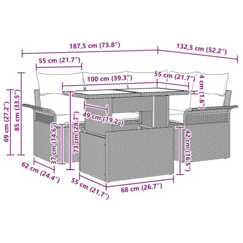 5-CZĘŚCIOWY ZESTAW SOF OGRODOWYCH Z PODUSZKAMI W JASNYM SZARYM KOLORZE Z POLIRATTANU