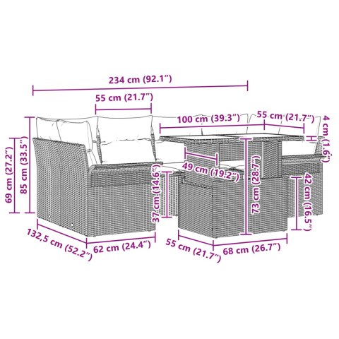 7-CZĘŚCIOWY ZESTAW SOFY OGRODOWEJ Z PODUSZKAMI JASNOSZARY POLI RATTAN