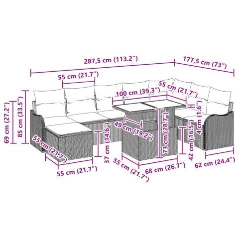 9-CZĘŚCIOWY ZESTAW SOF OGRODOWYCH Z PODUSZKAMI JASNOSZARY POLIRATTAN