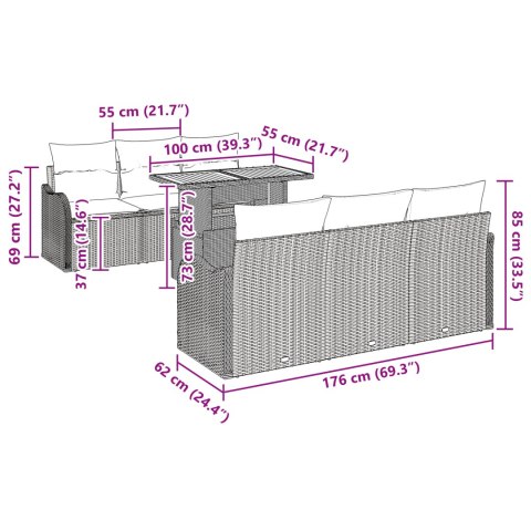 7-CZĘŚCIOWY ZESTAW SOF OGRODOWYCH Z PODUSZKAMI CZARNY POLI RATTAN AKACJA