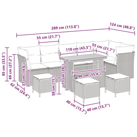 10-CZĘŚCIOWY ZESTAW SOFY OGRODOWEJ Z PODUSZKAMI SZARY POLIRATTAN AKACJA