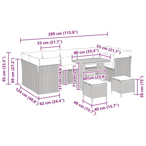 10-CZĘŚCIOWY ZESTAW SOFY OGRODOWEJ Z PODUSZKAMI CZARNY POLIRATTAN AKACJA