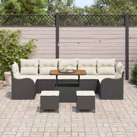 ZESTAW 10 CZĘŚCIOWY SOFA OGRODOWA Z PODUSZKAMI CZARNY RATTAN AKACJA SOFA OGRODOWA 2-OSOBOWA Z MIEJSCEM DO PRZECHOWYWANIA I PODU
