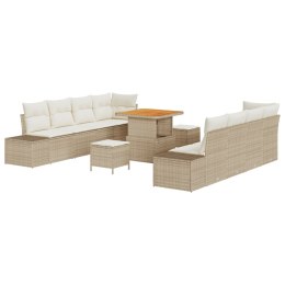 11-ELEMENTOWY ZESTAW SOFY OGRODOWEJ Z PODUSZKAMI BEŻOWY RATTAN AKACJA SOFA OGRODOWA 2-OSOBOWA Z MIEJSCEM DO PRZECHOWYWANIA I PO