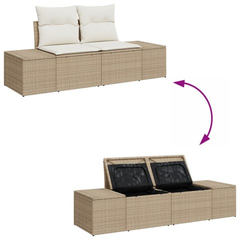 11-ELEMENTOWY ZESTAW SOFY OGRODOWEJ Z PODUSZKAMI BEŻOWY RATTAN AKACJA SOFA OGRODOWA 2-OSOBOWA Z MIEJSCEM DO PRZECHOWYWANIA I PO