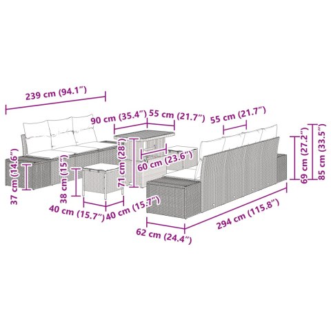10-CZĘŚCIOWY ZESTAW KANAP OGRODOWYCH Z PODUSZKAMI CZARNY POLI RATTAN AKACJA