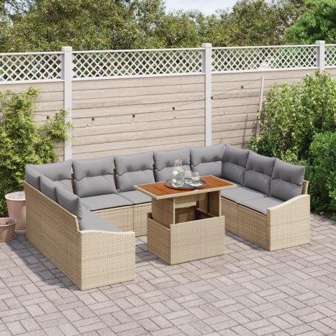 10-CZĘŚCIOWY ZESTAW JADALNY DO OGRODU Z PODUSZKAMI BEŻOWY POLI RATTAN AKACJA