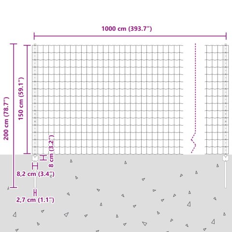 EURO FENCE Z 10 SŁUPKAMI SREBRNY 1,5X10M STAL