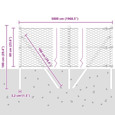 PŁOT SZEŚCIOKĄTNY 0.6X50M STAL OCYNKOWANA SŁUPKI PŁOTOWE 13 SZT. Ø32MM 100CM STAL OCYNKOWANA