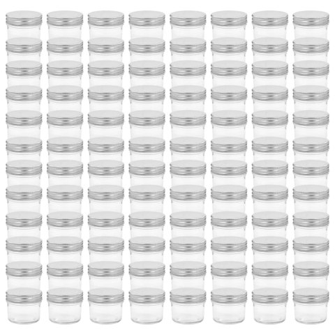VidaXL Szklane słoiki na dżem, srebrne pokrywki, 96 szt., 110 ml
