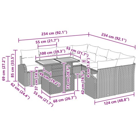 ZESTAW DO JADALNI 9 ELEMENTÓW Z PODUSZKAMI SZARY POLIRATTAN AKACJA