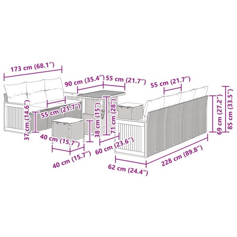 10-CZĘŚCIOWY ZESTAW KANAP OGRODOWYCH Z PODUSZKAMI CZARNY POLIRATTAN AKACJA